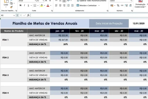 Planilha de metas de vendas anual