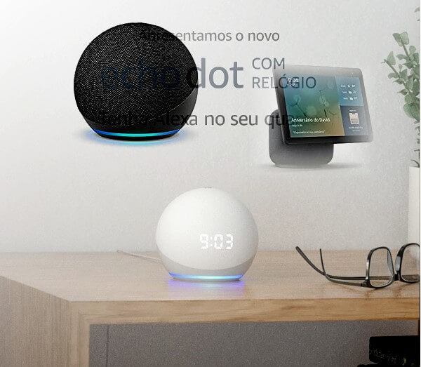 Lista com dispositivos Echo Dot Smart Speaker e Alexa