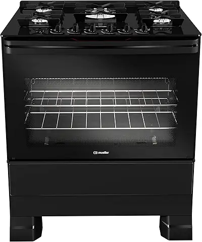 Fogão Mueller 5 bocas Preto com Mesa de Vidro e Tripla