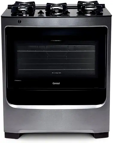 Fogão Consul 5 bocas cor Inox com mesa de vidro e grade de