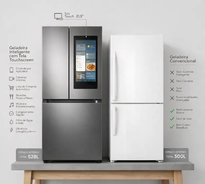 Funcionalidades principais de uma geladeira inteligente com tela touchscreen